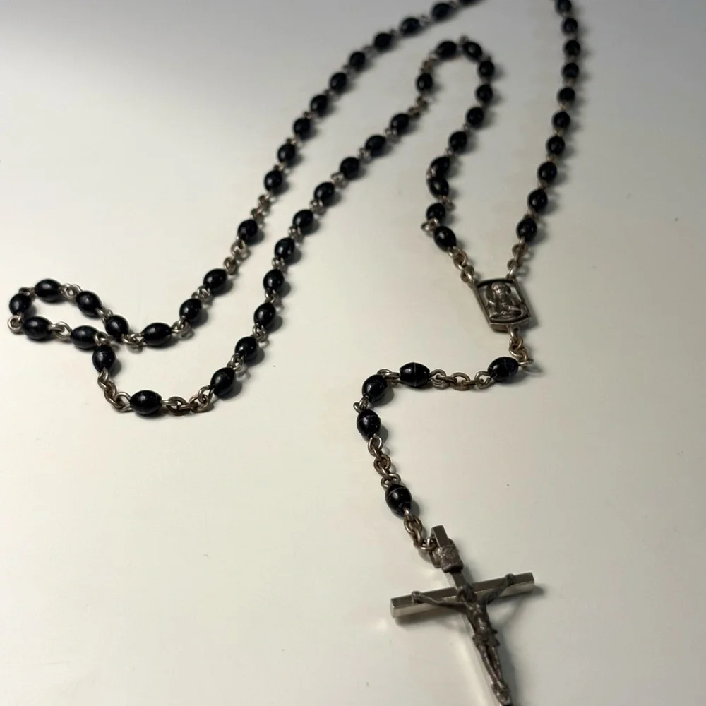 Vintage Catholic Rosary Black Beads Silver Tone Crucifix Sacred Heart